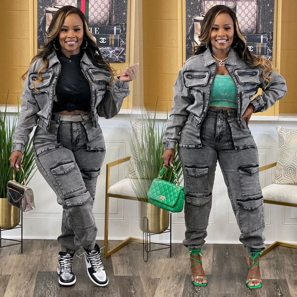 Pant Sets Long Sleeve Women Tracksuit Zipper Denim Coat Cargo Ankle Length Pants Pockets High Street Spliced Slim 2024 Purplish Diva
