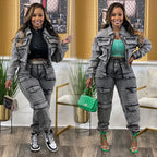Pant Sets Long Sleeve Women Tracksuit Zipper Denim Coat Cargo Ankle Length Pants Pockets High Street Spliced Slim 2024 Purplish Diva