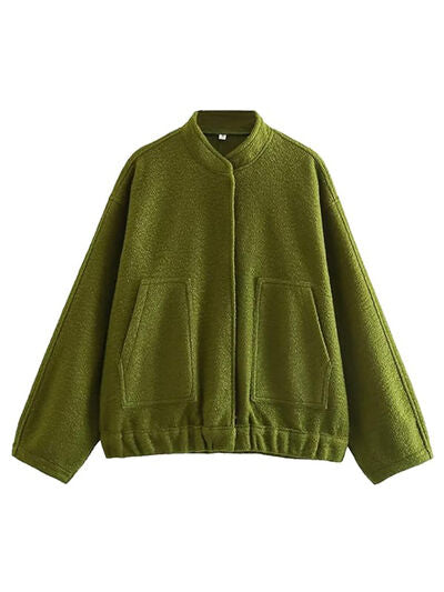 Autumn Casual Full Size Drop Shoulder Snap Down Jacket with Buttoned Front and Pockets Stevvex