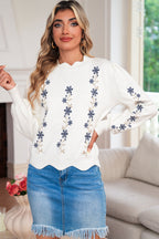 White Floral Embroidered Scallop Hem Cropped Sweater