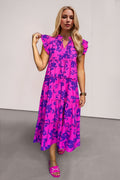 Full Size Ruffled Printed Sleeve Midi Dress Elegant & Beautiful Design Red-Violet Dress Stevvex