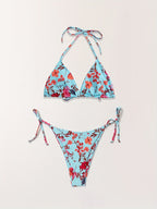 Bikini European Style Floral Print 3 Piece Swimsuit Set for Women – Sexy V Neck Bikini with Cross Strap Detail and Matching Long Sleeve Cover-Up – High Stretch Trendy Swimwear for Summer Beach Vacations Resort Looks and Poolside Fashion