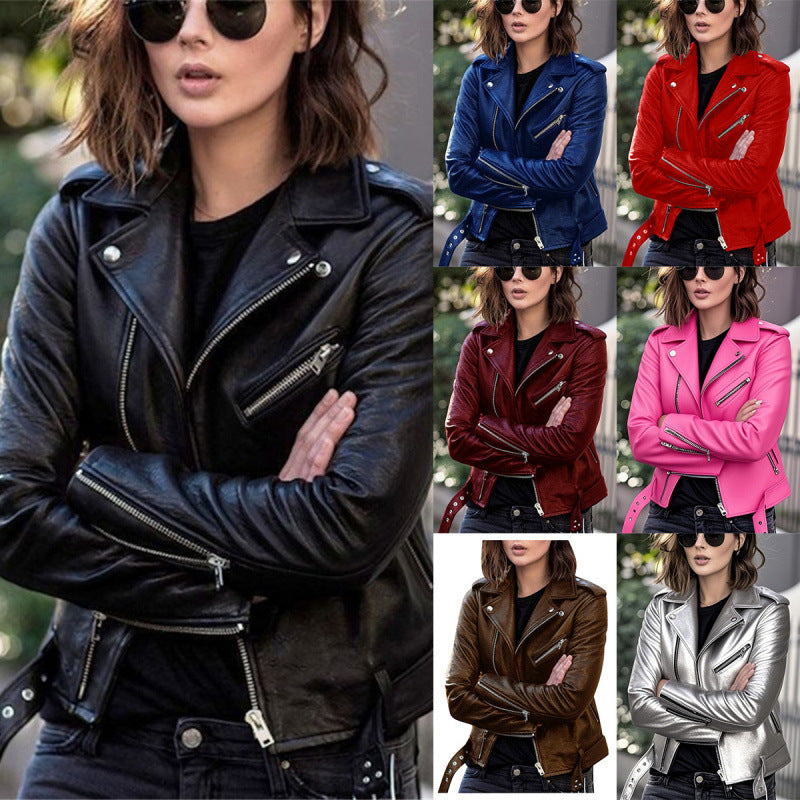 Women's Short Women's Leather Jacket Coat Jacket Pu Pi-Mart