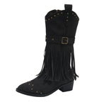 Retro Tassel Boots With Rivet Strap Buckle Design Shoes For Women Winter Footwear Fashion Mid-calf Square Heel Knight Western Boots Pi-Mart