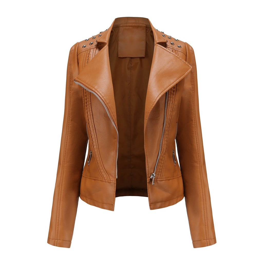 Beaded Leather Women's Long-sleeved Fashion Jacket Lapel Motorcycle Clothing Thin Women's Jacket Pi-Mart