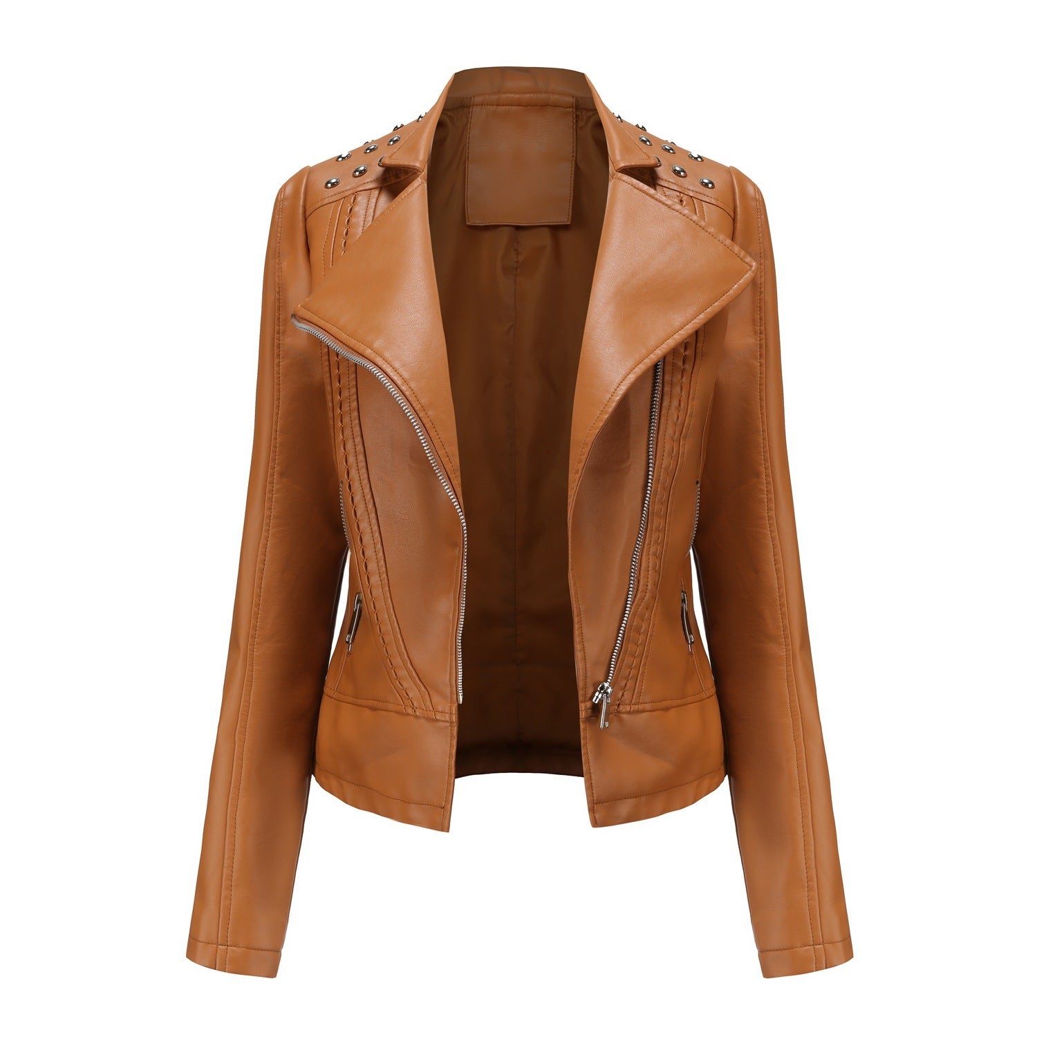Beaded Leather Women's Long-sleeved Fashion Jacket Lapel Motorcycle Clothing Thin Women's Jacket Pi-Mart