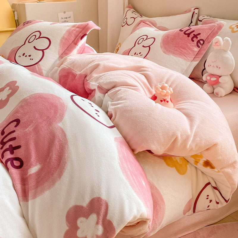Winter Thickening Milk Fiber Bed Four-piece Coral Velvet Quilt Cover Flange Double-sided Bed Sheet Three-piece Bedding Pi-Mart