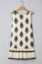 Beige Geometric Printed Sleeveless Hollowed Bowknot Back Mini Dress