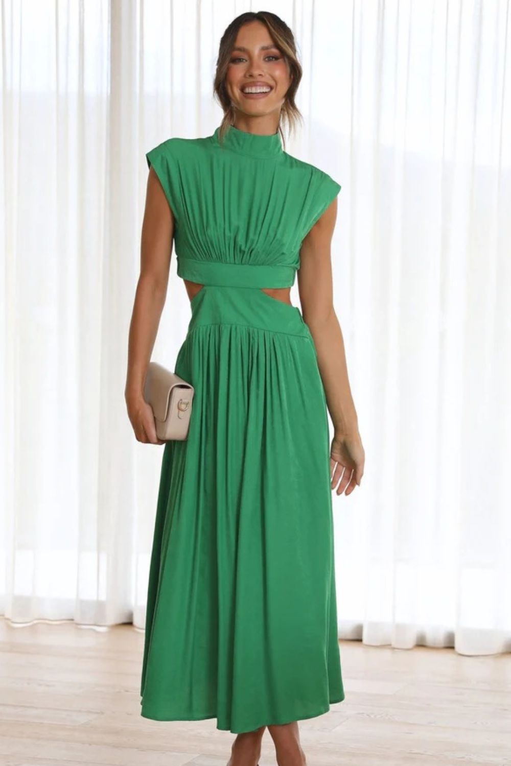 Modern Cutout Mock Neck Sleeveless Ruched Dress Elegant Dress For Women Stevvex