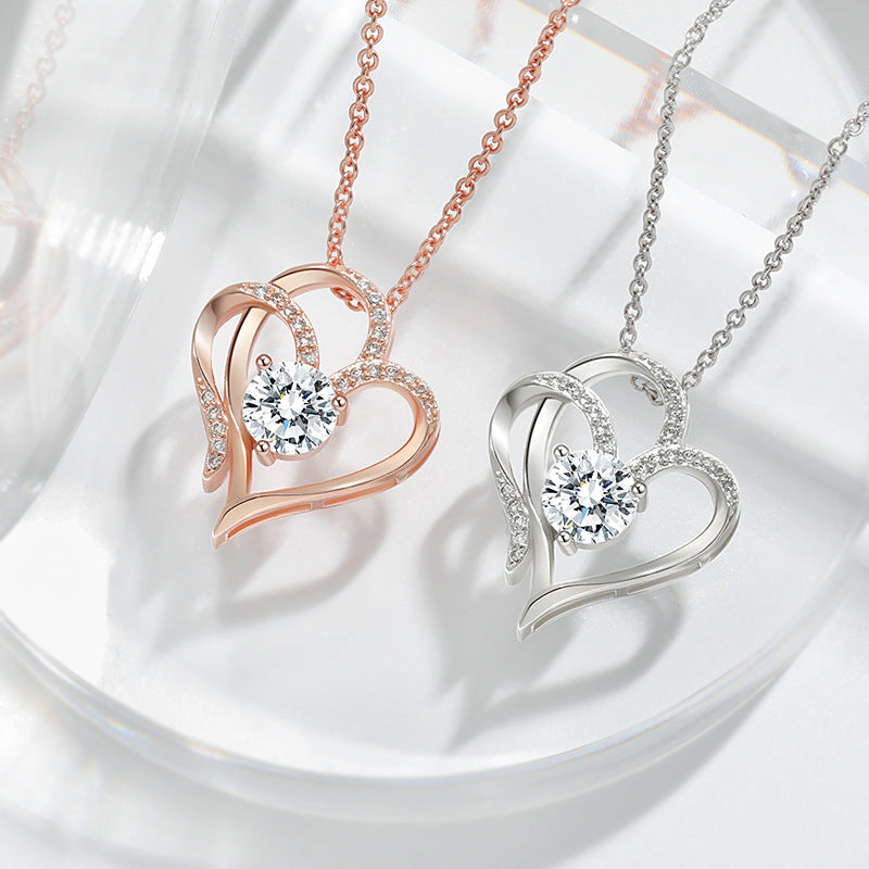 Zircon Double Love Necklace With Rhinestones Ins Personalized Heart-shaped Necklace Clavicle Chain Jewelry For Women Valentine's Day Pi-Mart