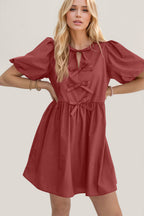 Elegant Ruched Puff Sleeve Mini Dress Vintage Bow Detail Cute Short Dress for Women