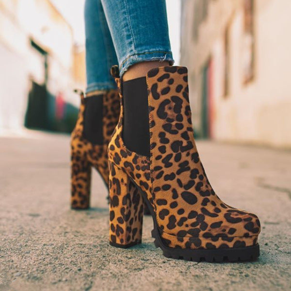 Round-toe Ankle Boots Solid Leopard Print Thick Square High Heel Shoes Ladies Casual Fashion Autumn Winter Suede Dress Party Boots Pi-Mart