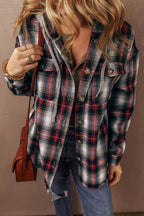 Plaid Hooded Shacket - Red Buffalo Check - Button-Up Overshirt Jacket