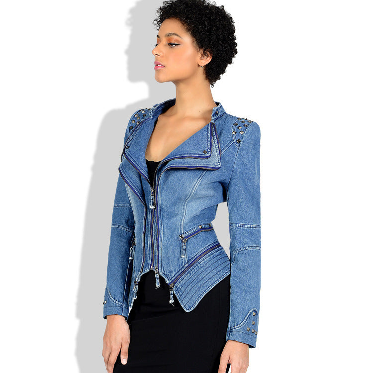 Women's Rivet Slim Washed Leather Motorcycle Jacket Pi-Mart