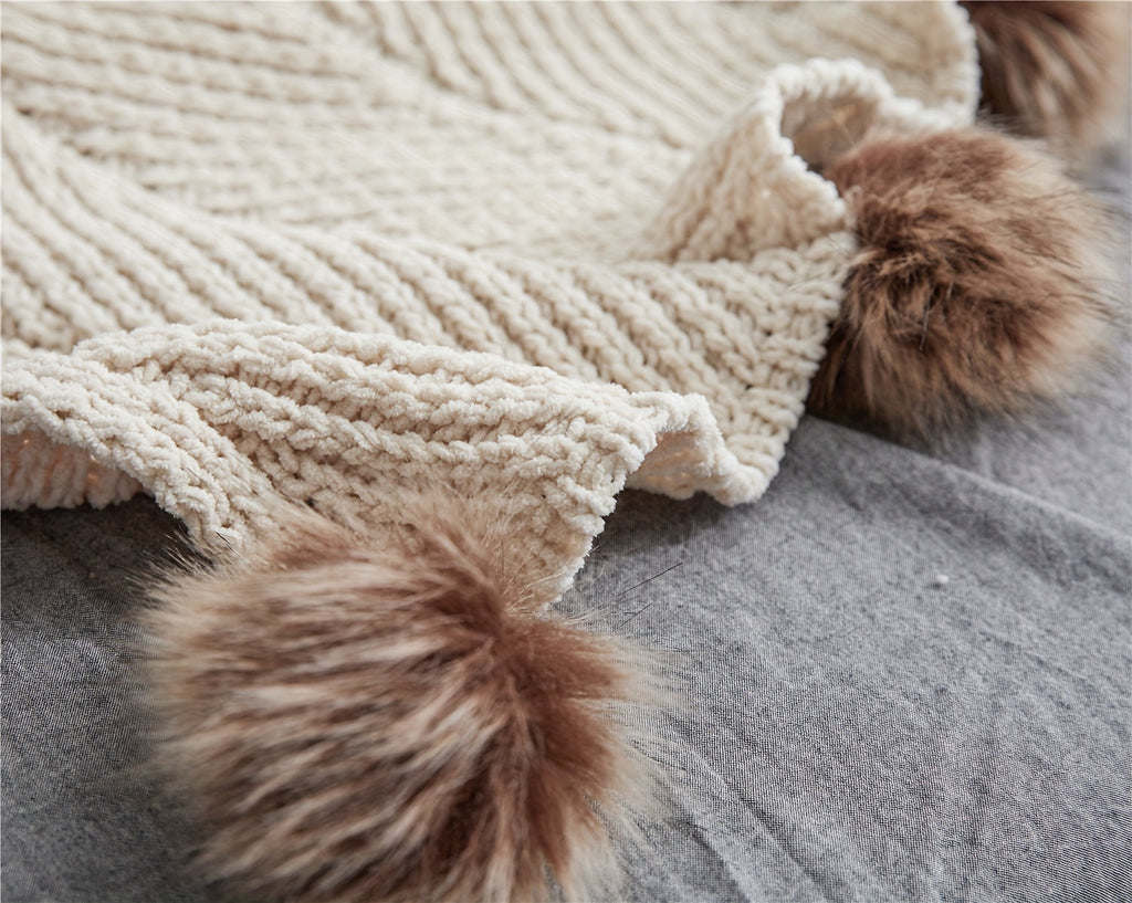 Vintage Chunky Knit Throw Blanket with Pom-pom Embellishment, Space Theme, All Seasons Polyester Cover, Knitted Casual Office Living Room Bedroom Nap Sofa Bed End Blanket 1PC Lootquake LLC