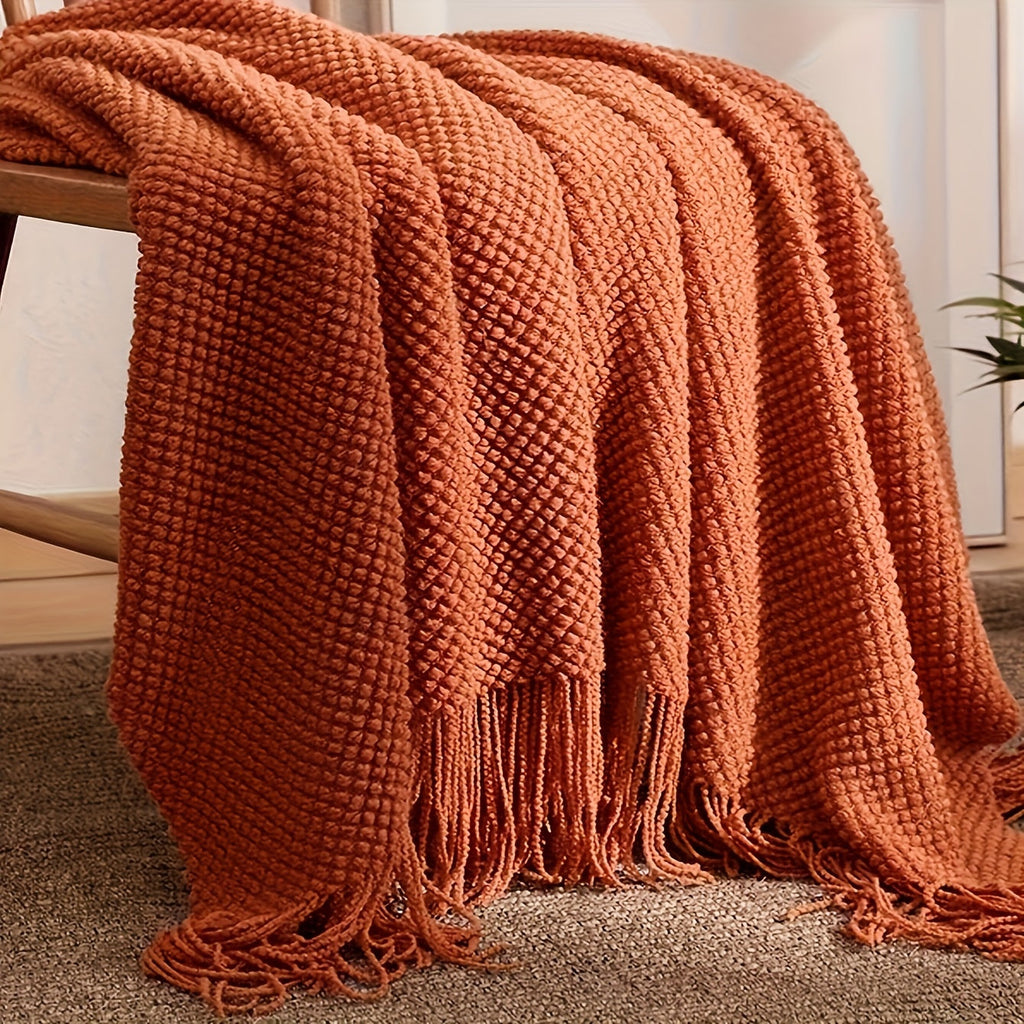 1pc Knit Throw Blanket Long Tassel Lightweight Blanket Bubble Textured Soft Blanket For Bed Couch Sofa Chair Outdoor Picnic All Season Use Orange Lootquake LLC