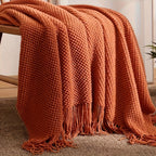 1pc Knit Throw Blanket Long Tassel Lightweight Blanket Bubble Textured Soft Blanket For Bed Couch Sofa Chair Outdoor Picnic All Season Use Orange Lootquake LLC
