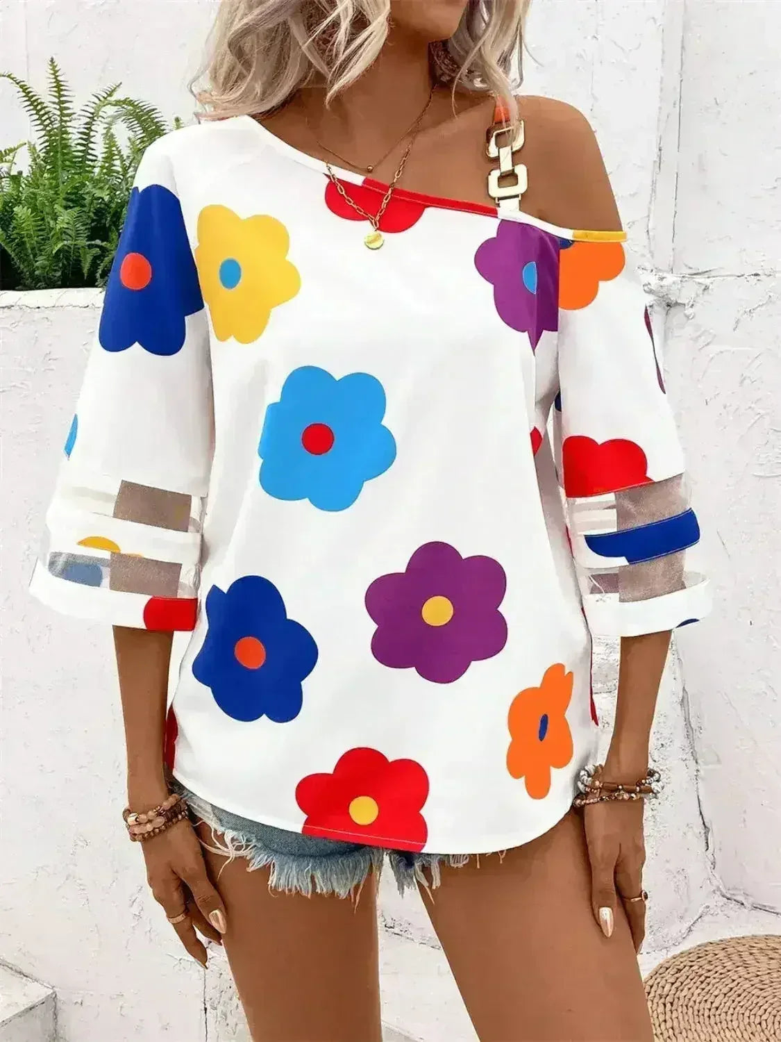 White Color Flower Asymmetrical Neck Blouse | Femstylo - SJB-DIAMOND ELITES
