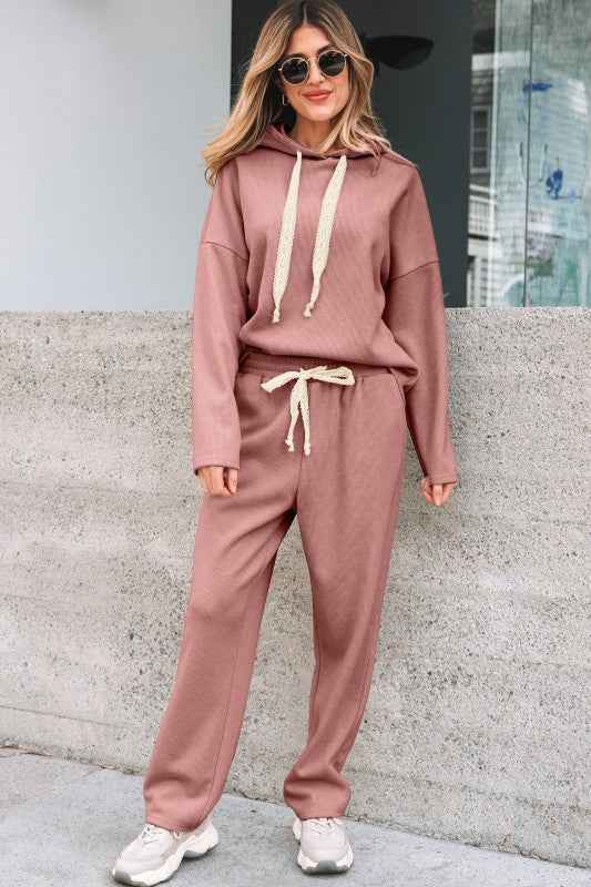 Solid Corduroy Lace Hoodie and Pants Set THRIXINE