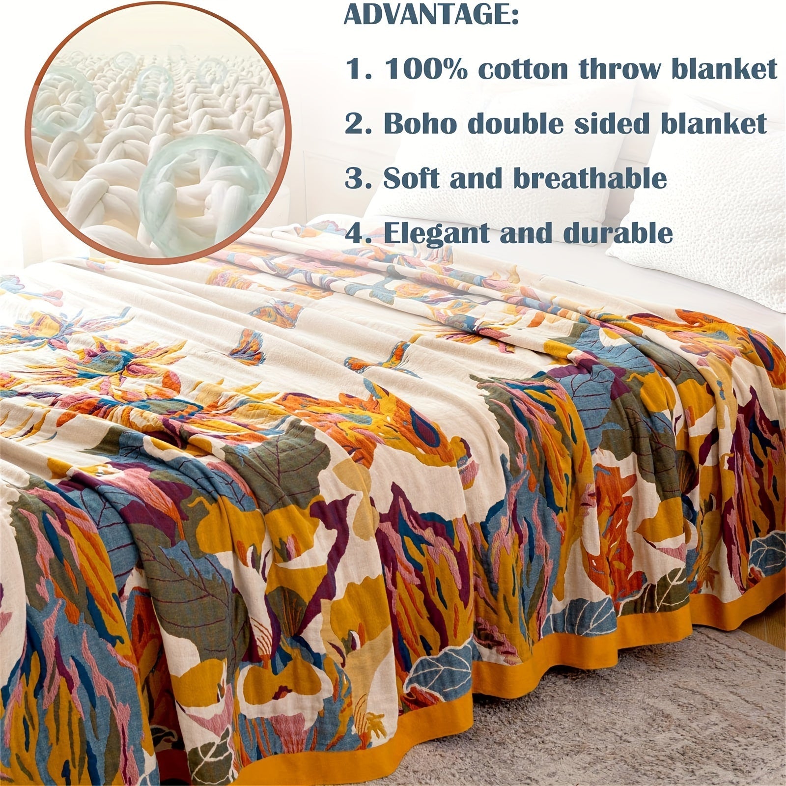 1pc Boho Throw Blanket, 100% Cotton Ultra Soft Bed Throw- Floral Bird And Butterfly Farmhouse Decor Bed Blankets, 60"×80" All Season Blanket For Sofa Couch Chair Lootquake LLC