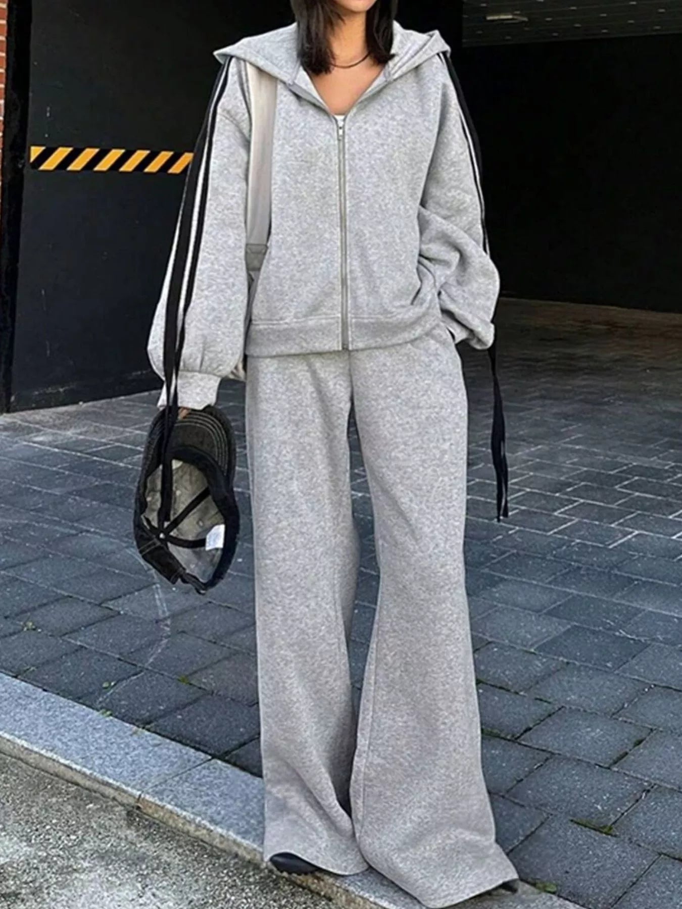Side Striped Zip Up Hoodie and Pants Set THRIXINE