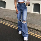 Women's Spring and Fall New Fashion Casual Ripped High-waisted Slightly Flared Pants Jeans Slim-fit Wash Jeans Long Pants Y2k Purplish Diva