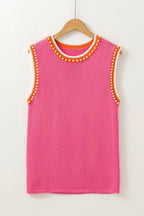 Bright Pink Pearl Embellished Contrast Trim Sleeveless Knit Top