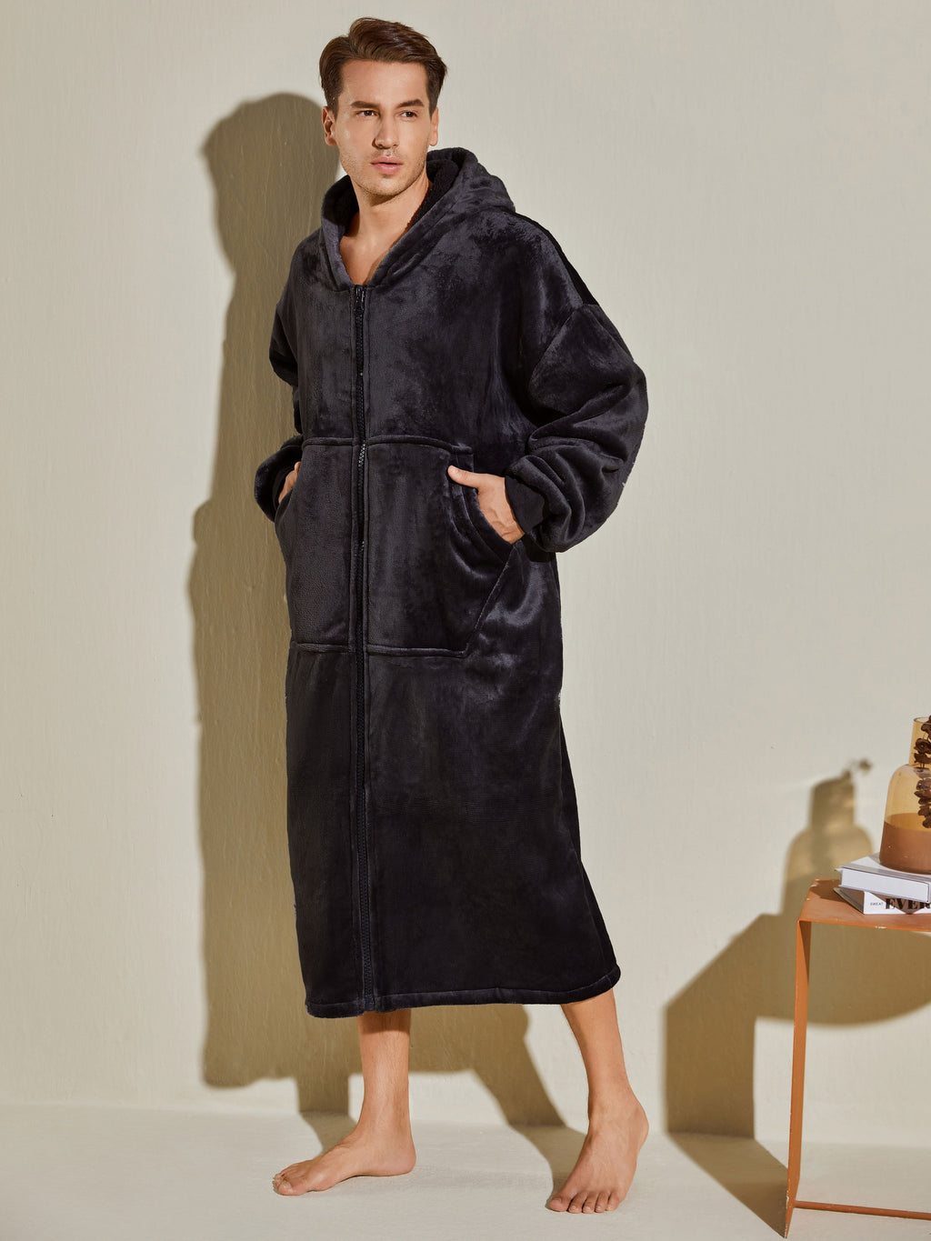 Men's Oversized Warm And Comfortable Flannel Blanket Robe, Long Sleeve Zipper Hoodie Sweatshirt Hooded Sleep Robe With Deep Pocket Pajamas Loungewear Robe For Autumn Winter