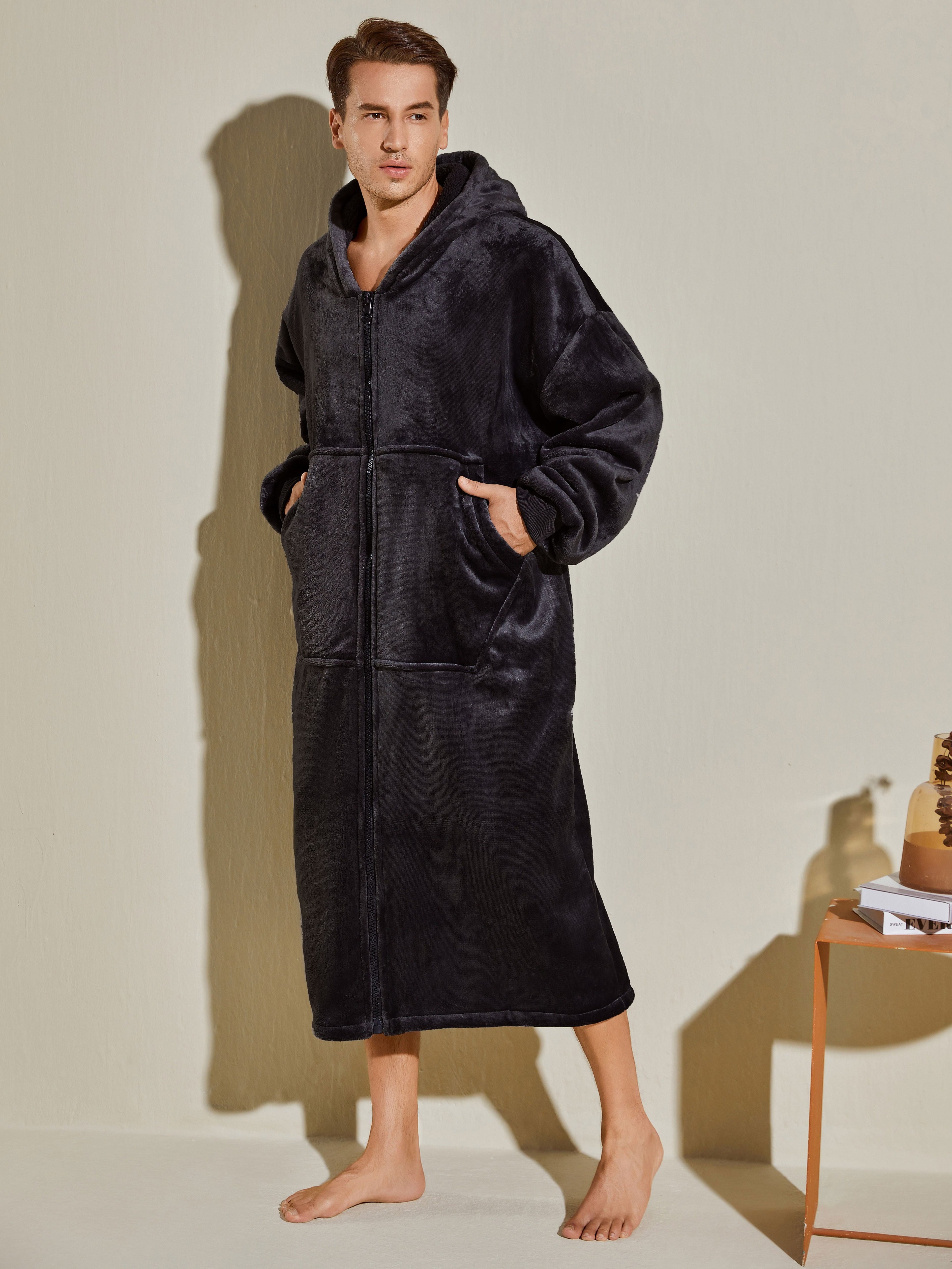 Men's Oversized Warm And Comfortable Flannel Blanket Robe, Long Sleeve Zipper Hoodie Sweatshirt Hooded Sleep Robe With Deep Pocket Pajamas Loungewear Robe For Autumn Winter