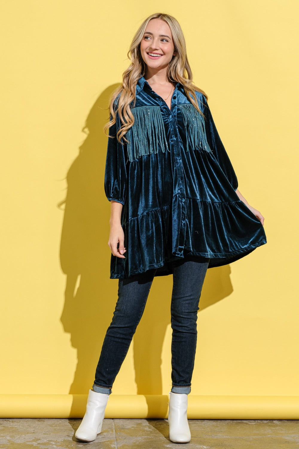 Fringe Detailed Velvet Shirt Dress – Velvet Shirt Dress, Fringe Detail Dress, Luxurious Shirt Dress, Elegant Velvet Dress, Playful Fringe Dress Stevvex
