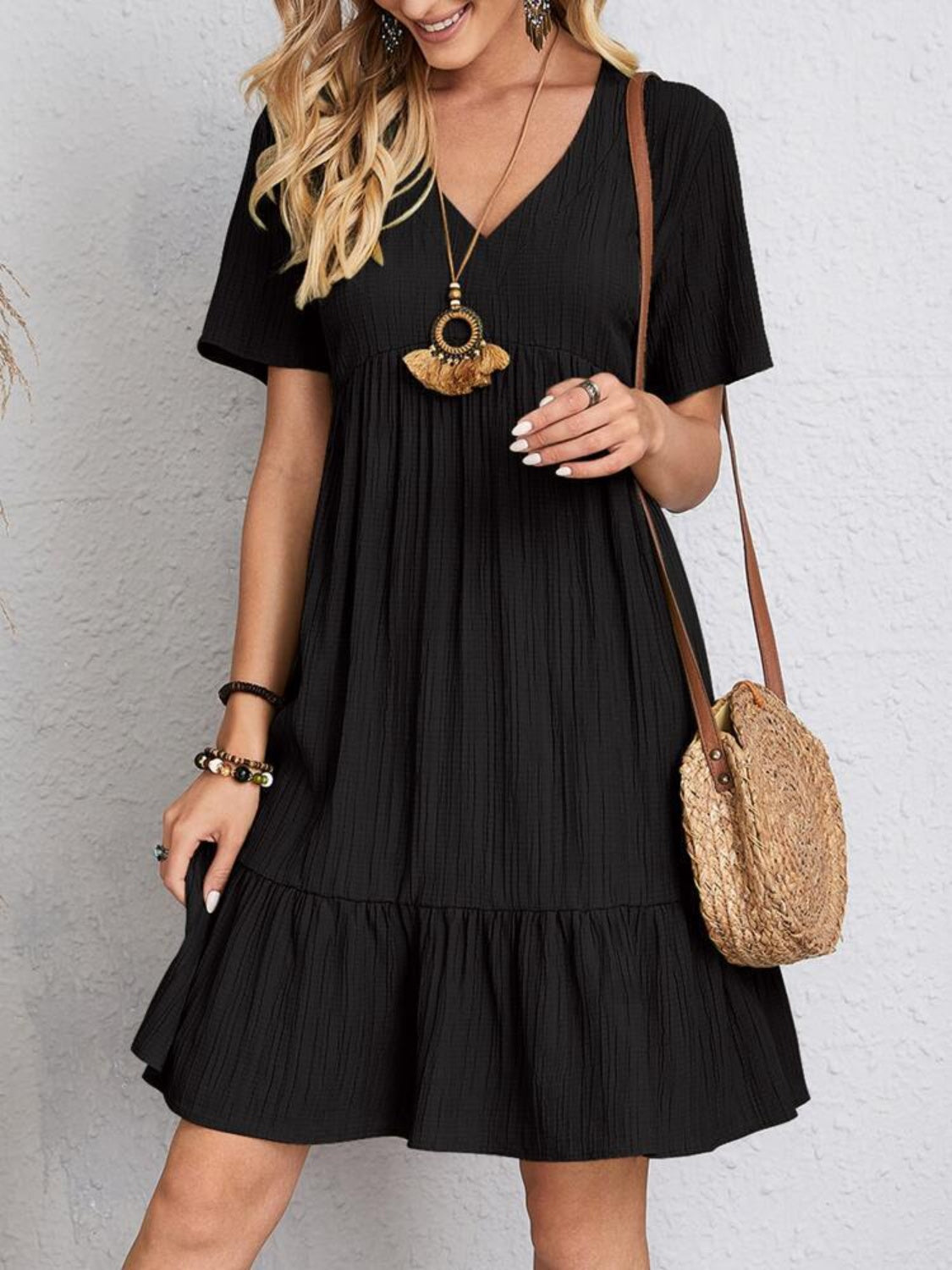 Classic Full Size V-Neck Short Sleeve Dress Casual & Comfortable Dress for Women Stevvex