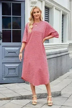Lovelet Contrast Striped Half Sleeve Midi Tee Dress