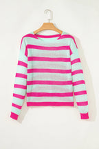 Green Striped Round Neck Colorblock Knit Sweater