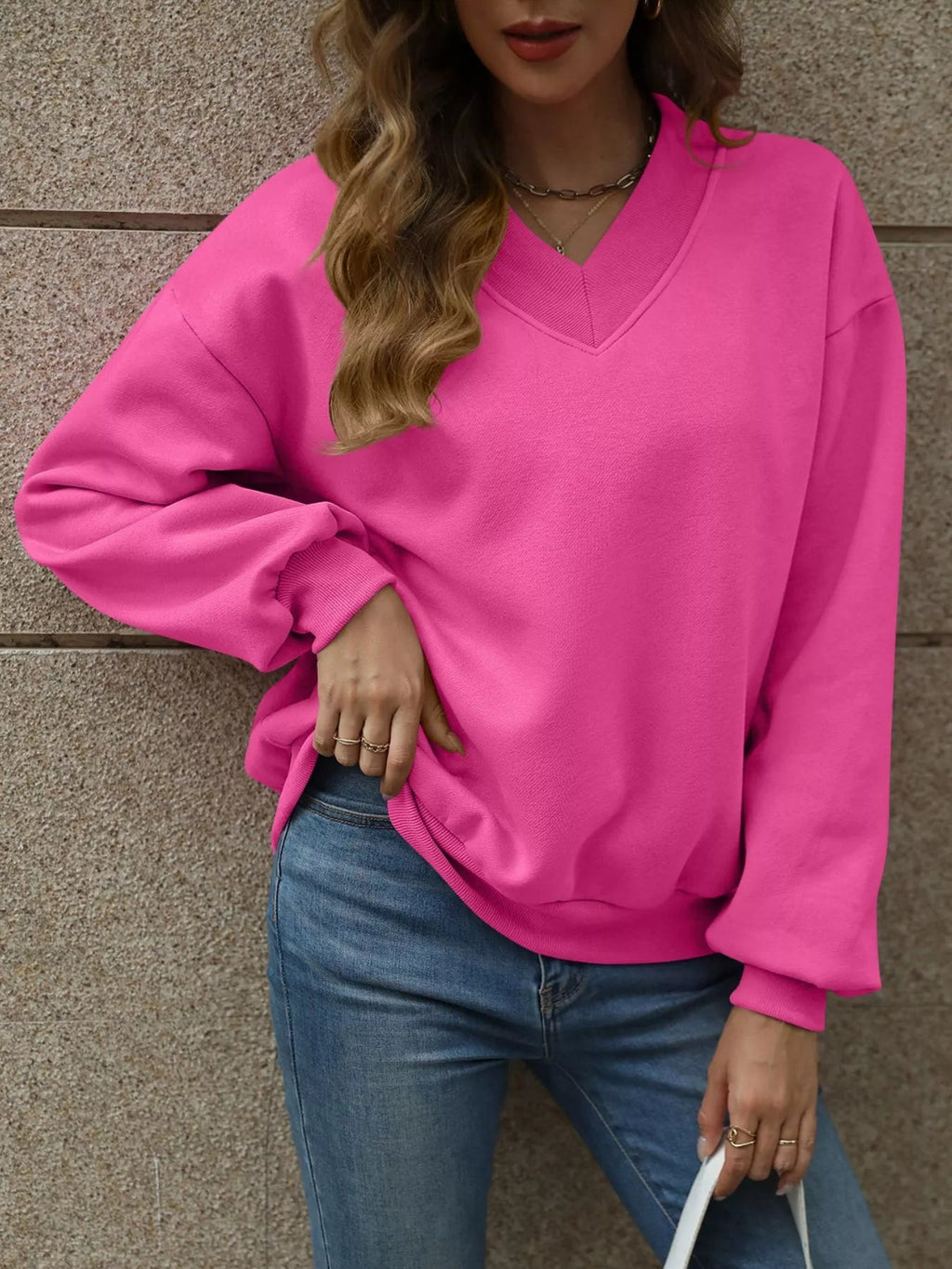 V-Neck Solid Color Casual Sweatshirt THRIXINE