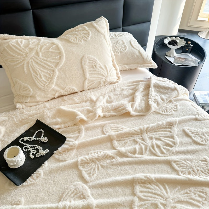 Cozy Taffeta Jacquard Butterfly Flannel Throw Blanket, Soft Polyester, Double-Sided Velvet, All-Season Comfort, Ideal For Office Naps & Bedding - White With Green Accents