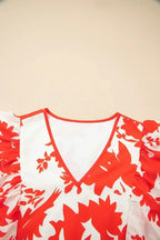Red Floral Print Trimmed V Neck Ruffle Sleeve Maxi Dress