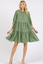 Button Detail Collared Neck Tiered Shirt Dress – Elegant Buttoned Shirt Dress with Tiered Design and Classic Collar