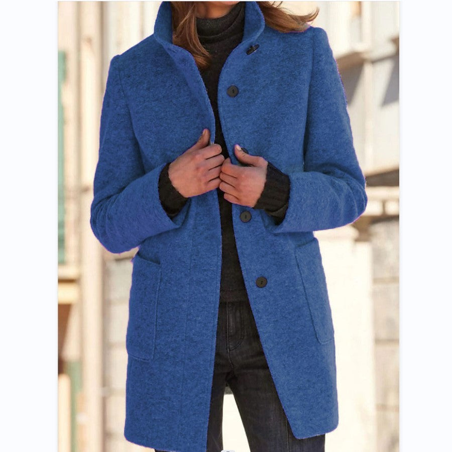 Fashion Stand Collar Woolen Coat With Pockets Fall Winter Casual Button Outwear For Women Clothing Pi-Mart