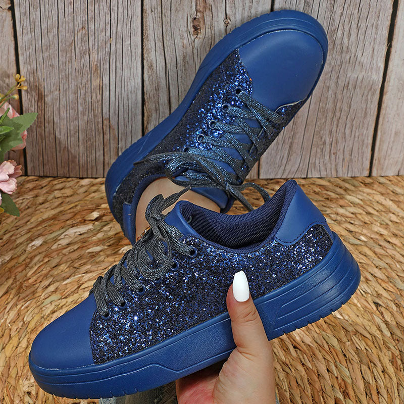 Glitter Sequin Design Flats Shoes Women Trendy Casual Thick-soled Lace-up Sneakers Fashion Skateboard Shoes Pi-Mart