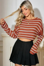 Brown Stripe Casual Round Neck Drop Shoulder Sweater