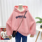 Ladies Sweatshirt Casual Hooded Large Pocket Print Letter Long Sleeve Top Pi-Mart