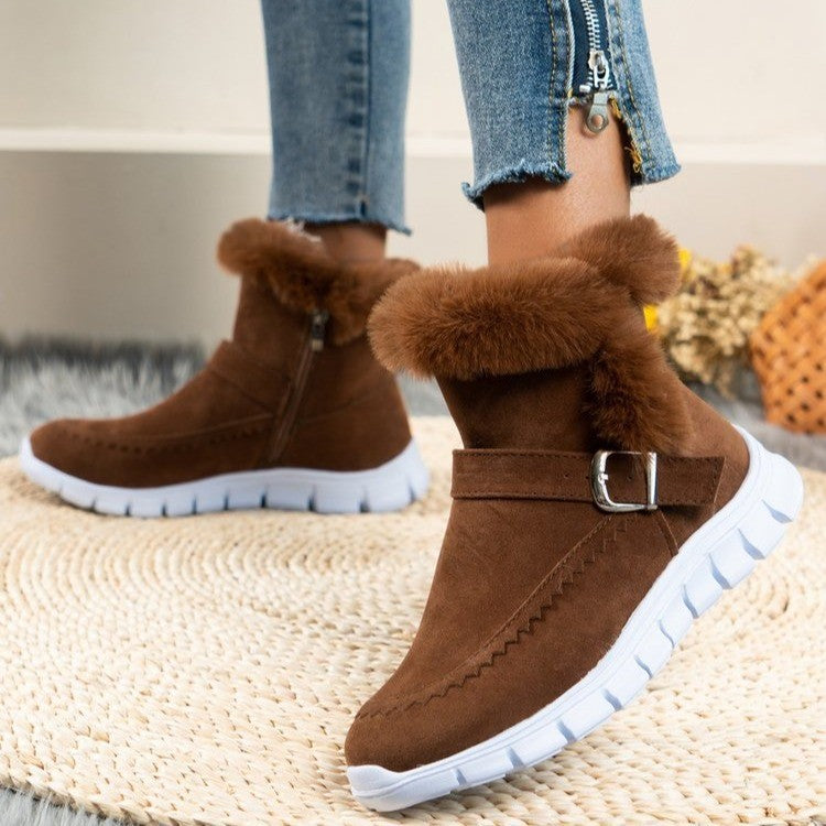 New Snow Boots Winter Warm Thickened Solid Color Plush Ankle Boots With Buckle Design Plus Velvet Flat Shoes For Women Pi-Mart