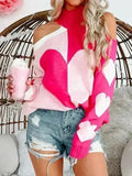 Valentine's Day Heart Turtleneck Cold Shoulder Sweater - SJB-DIAMOND ELITES