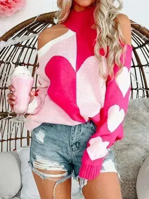 Valentine's Day Heart Turtleneck Cold Shoulder Sweater - SJB-DIAMOND ELITES
