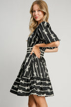 Elegant Black Ribbon Print Dress Stylish Contrast Half Sleeve Dress for Women