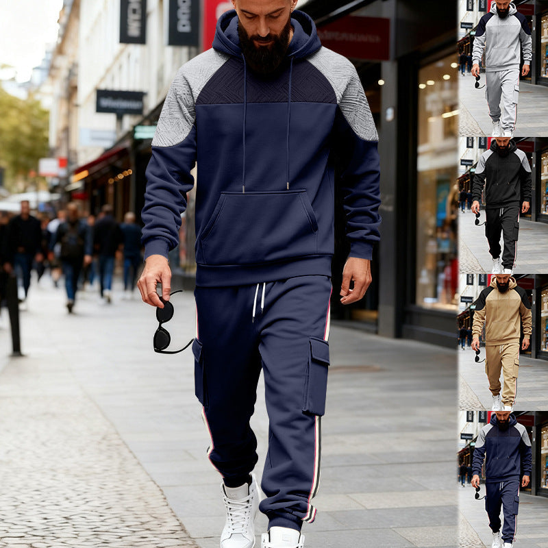 Loose Color-block Textured Hoodie And Sweatpants Casual Set