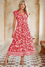 Red Boho Floral V-Neck Ruffle Shoulder Maxi Dress