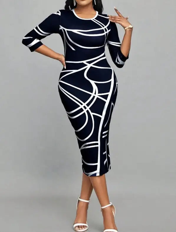Ladies' Round Neck Printed Casual Bag Hip Dress - SJB-DIAMOND ELITES