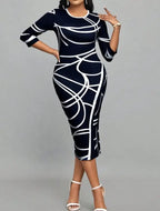 Ladies' Round Neck Printed Casual Bag Hip Dress - SJB-DIAMOND ELITES