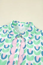 Green Floral Print Scallop Trim Pocket Mini Dress